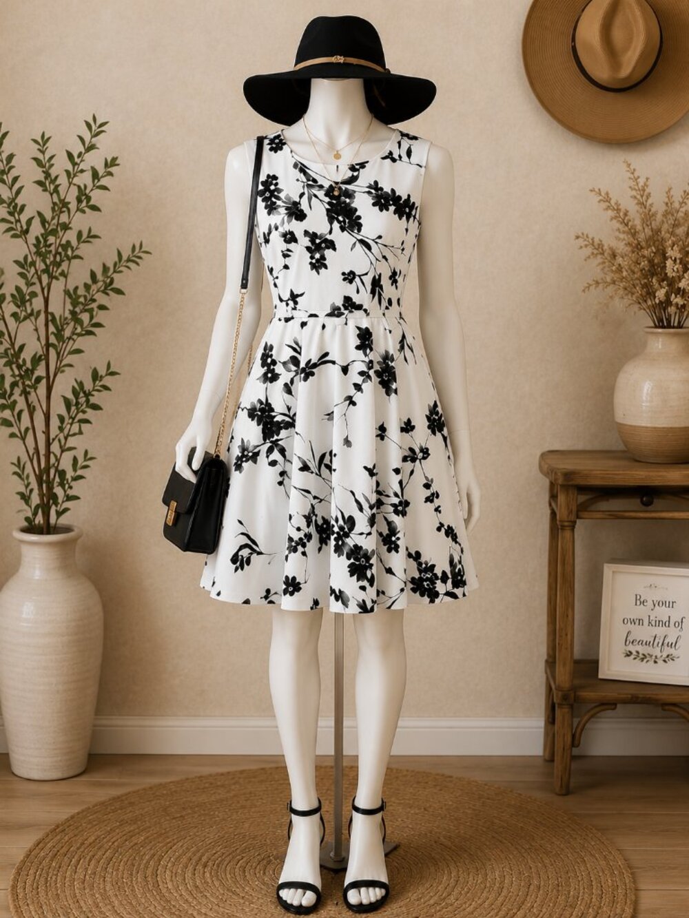 iHot White & Black Floral Fit and Flare Dress | Size L | NWOT